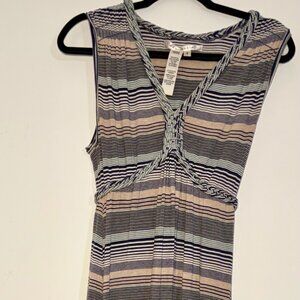 Max Studio Striped Maxi Dress Small Blue Teal Braided Trim